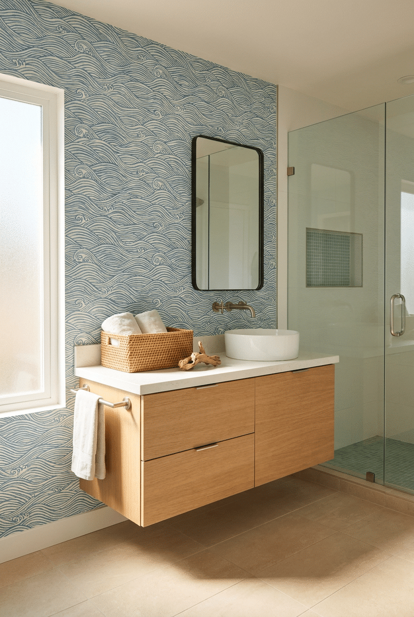 8. Coastal Blue Waves for a Wallpaper Accent Wall Bathroom