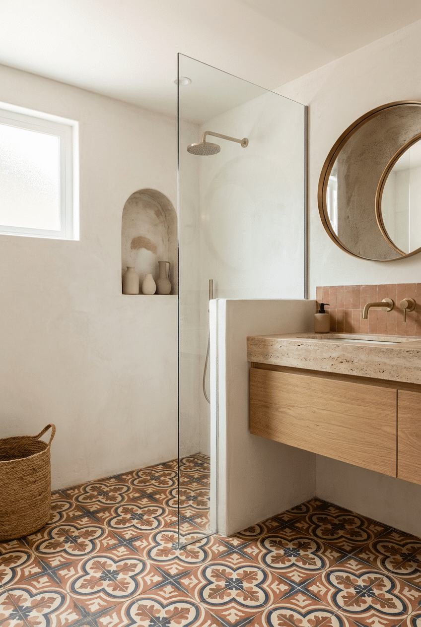 7. Statement Mosaic Floors in Modern Spanish Style Bathroom Designs for Small Bathrooms