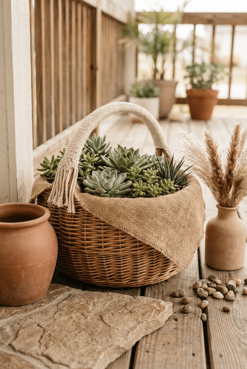 7. Boho Layered Succulents in a Wicker Basket Planter