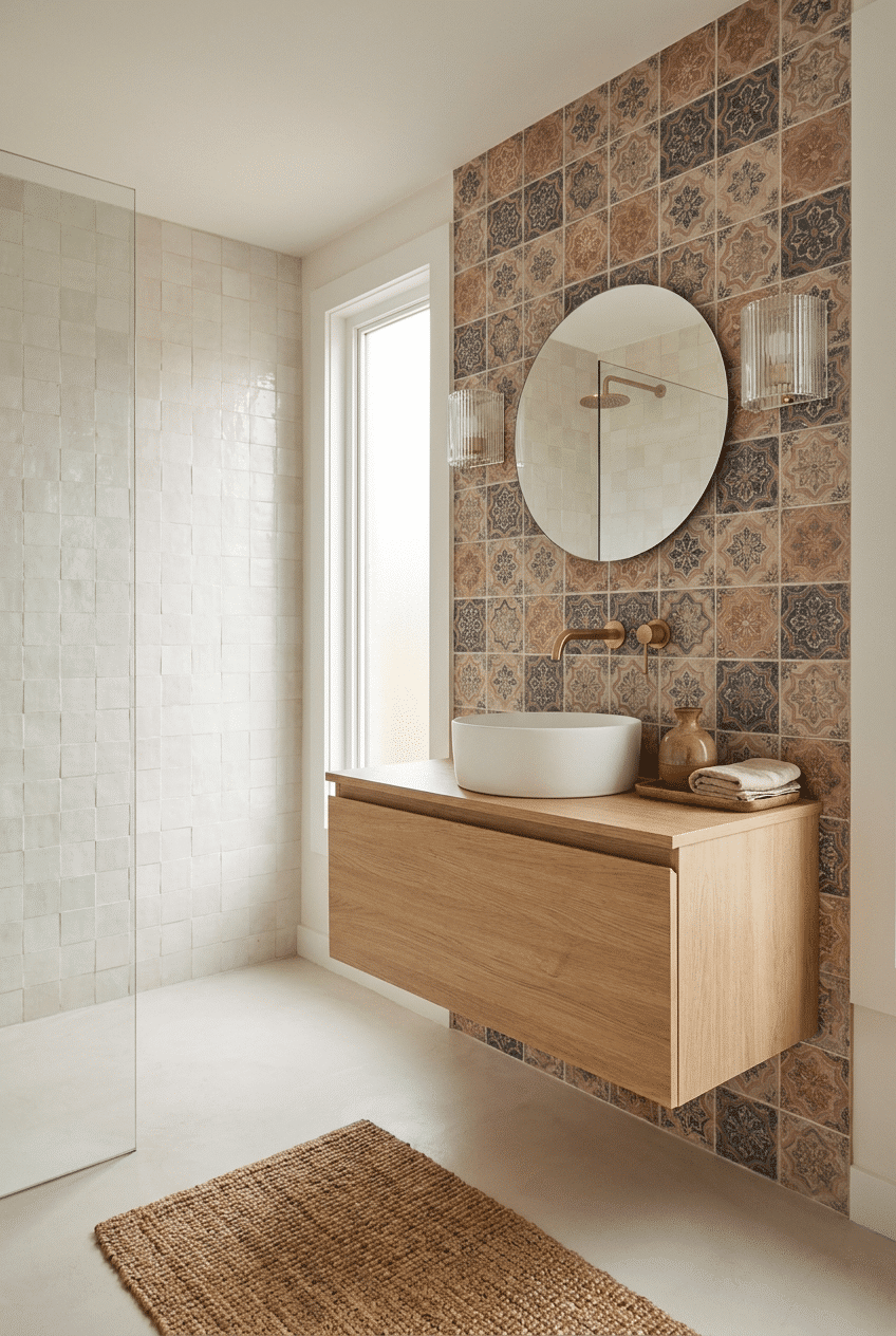 6. Vintage Moroccan Tiles for a Wallpaper Accent Wall Bathroom
