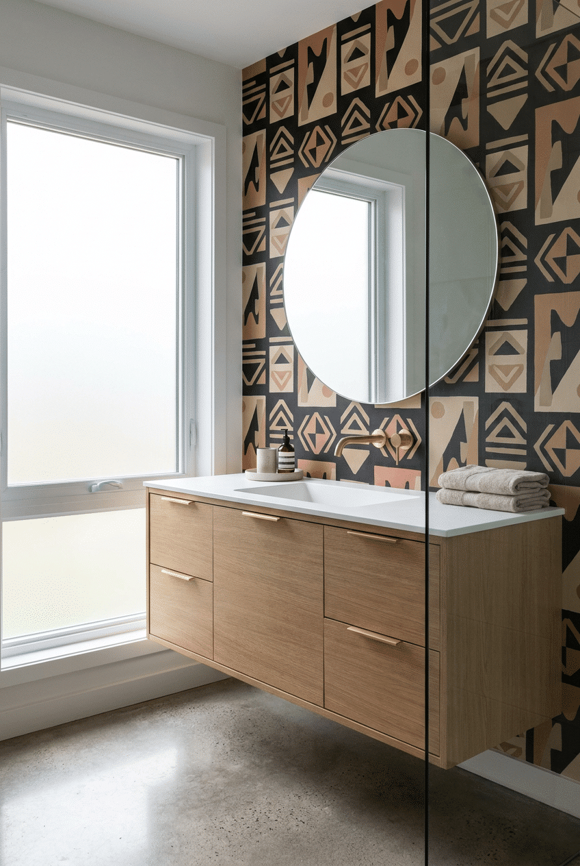1. Bold Geometric Patterns for a Wallpaper Accent Wall Bathroom