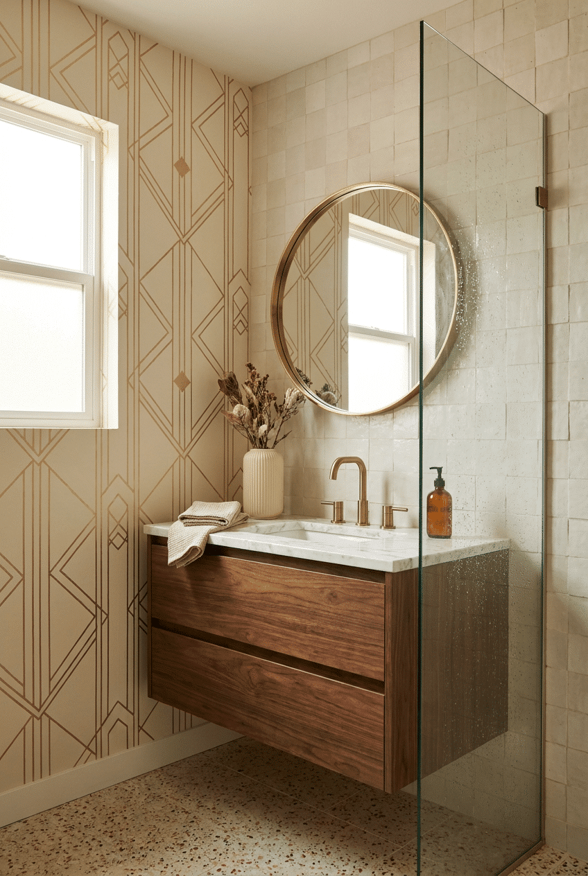 9. Art Deco Gold Prints for a Wallpaper Accent Wall Bathroom