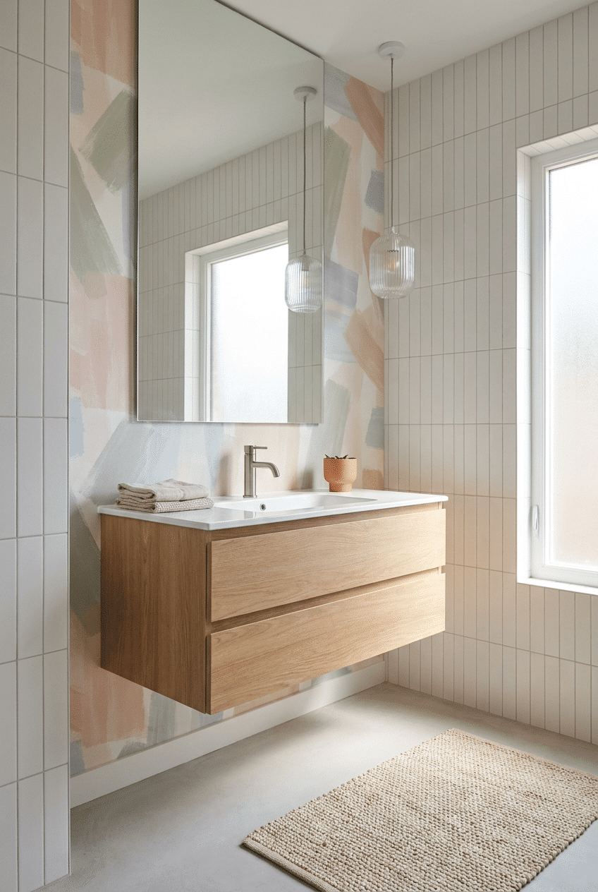 11. Pastel Abstract Designs for a Wallpaper Accent Wall Bathroom