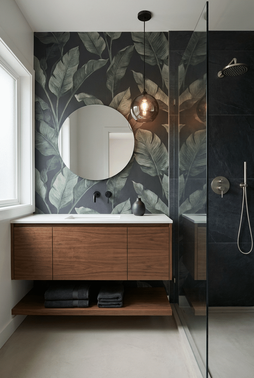 5. Moody Dark Botanicals for a Wallpaper Accent Wall Bathroom