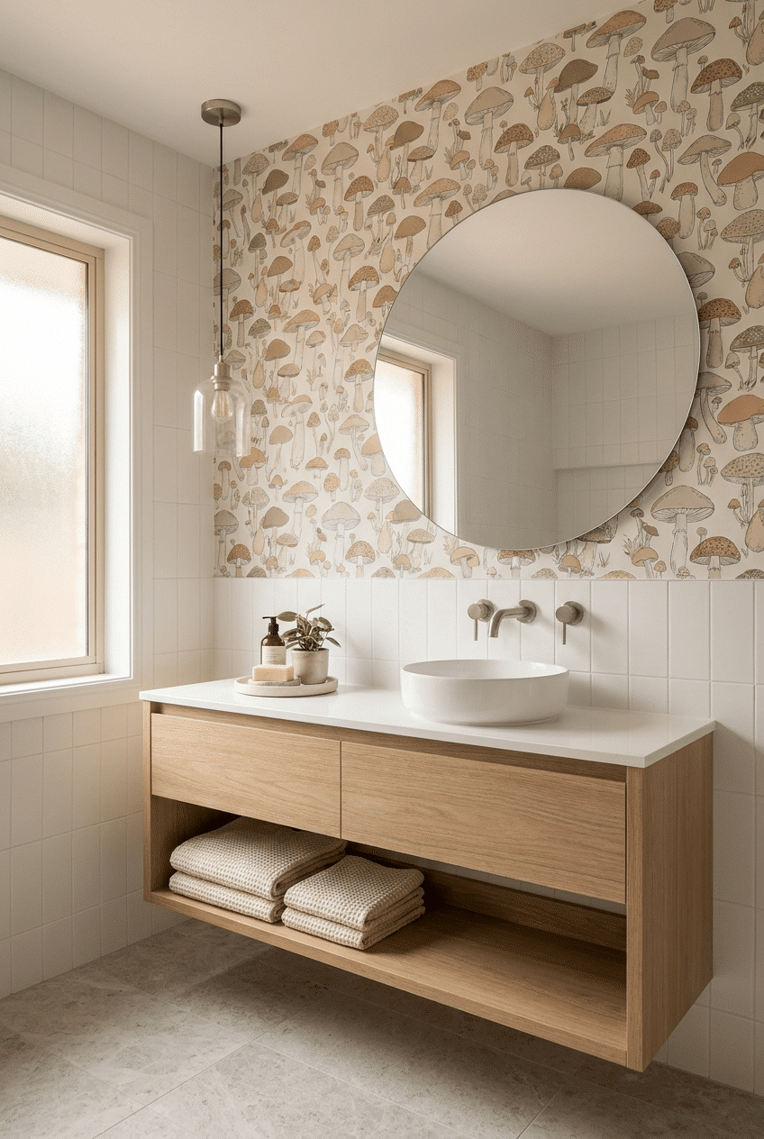 15. Whimsical Mushroom Prints for a Wallpaper Accent Wall Bathroom