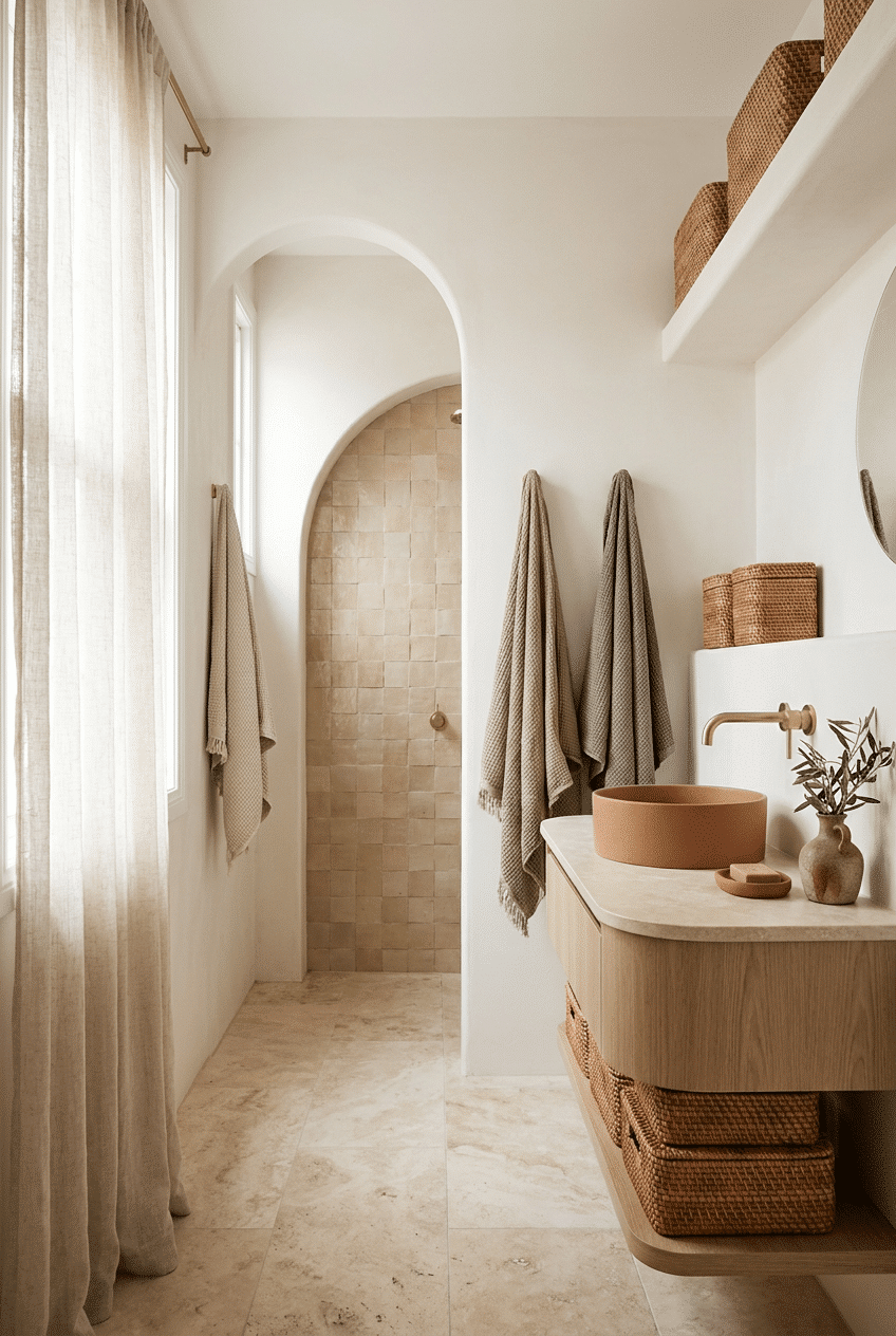 10. Linen Curtains and Woven Baskets for Warmth