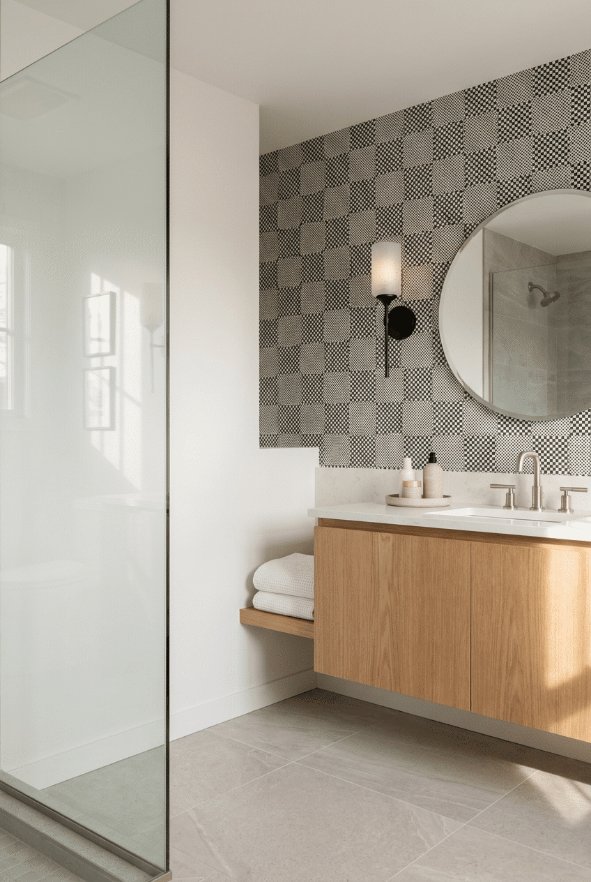 3. Classic Black and White Tiles for a Wallpaper Accent Wall Bathroom