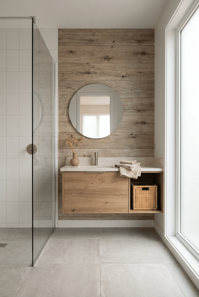 10. Rustic Wood Grain for a Wallpaper Accent Wall Bathroom