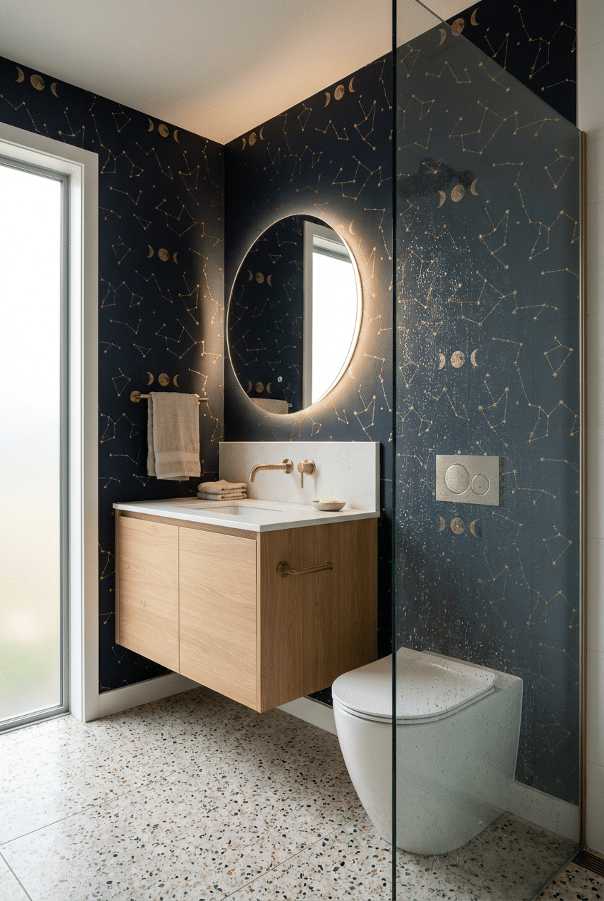 14. Celestial and Star Prints for a Wallpaper Accent Wall Bathroom
