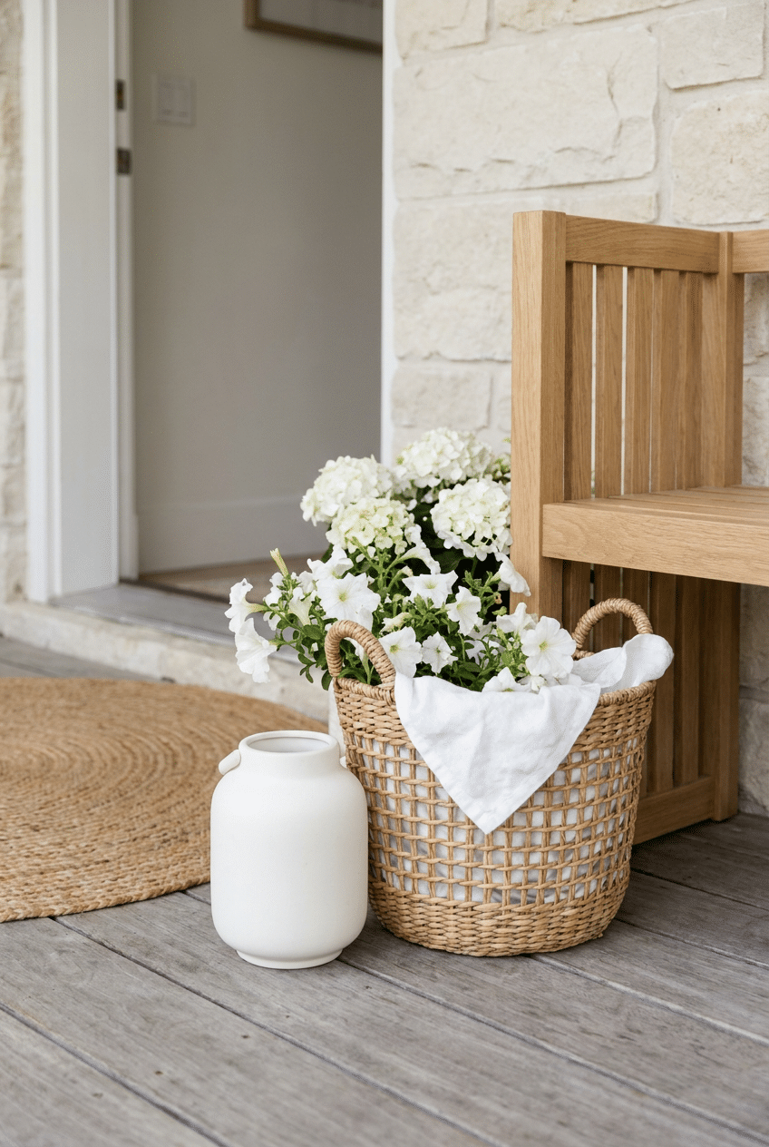 5. Monochromatic White Blooms Wicker Basket Planter