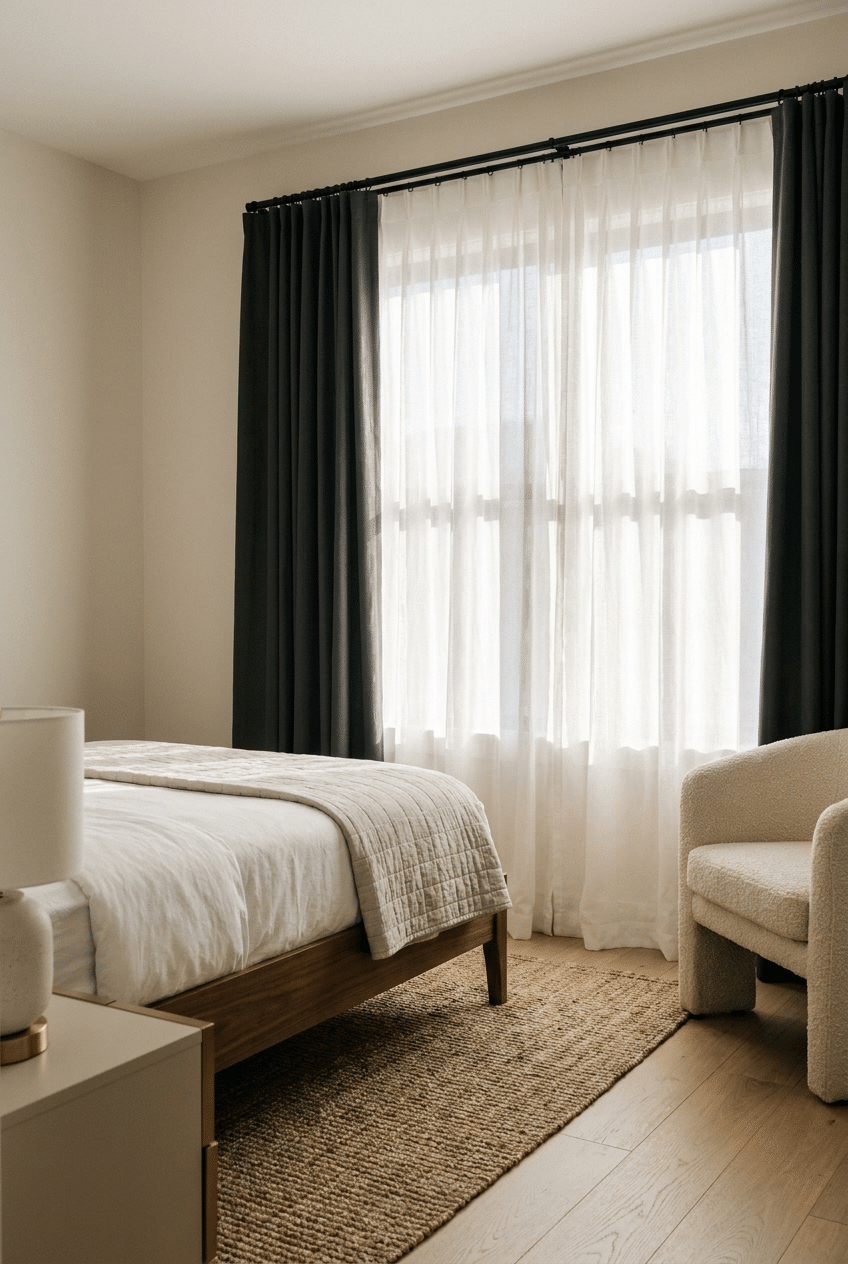 3. Bedroom Curtain Ideas Using Layered Sheers and Blackout Panels