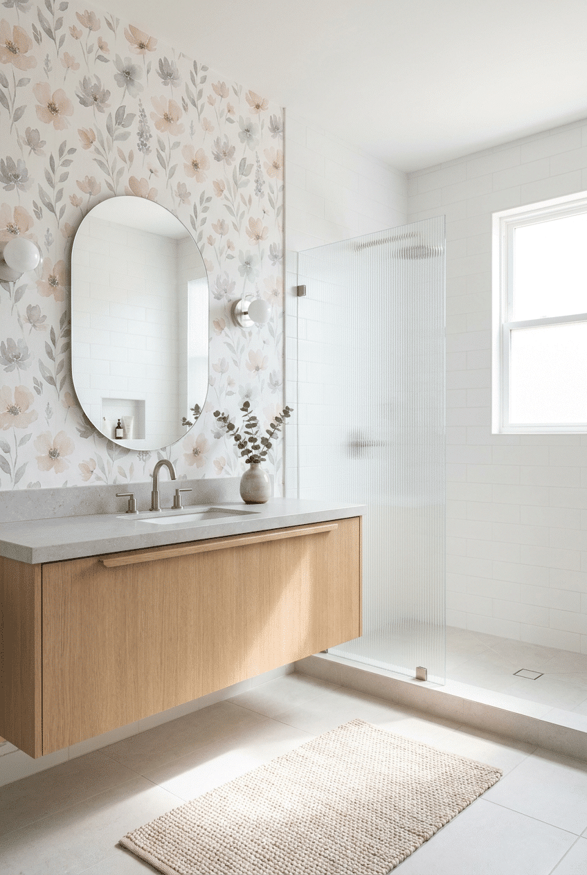 4. Soft Watercolor Florals for a Wallpaper Accent Wall Bathroom