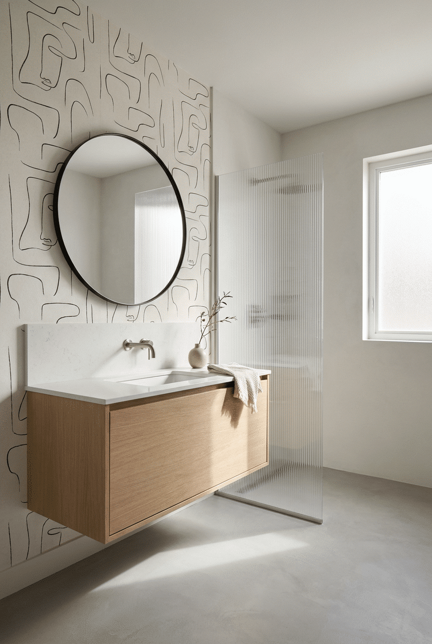 7. Minimalist Line Art for a Wallpaper Accent Wall Bathroom