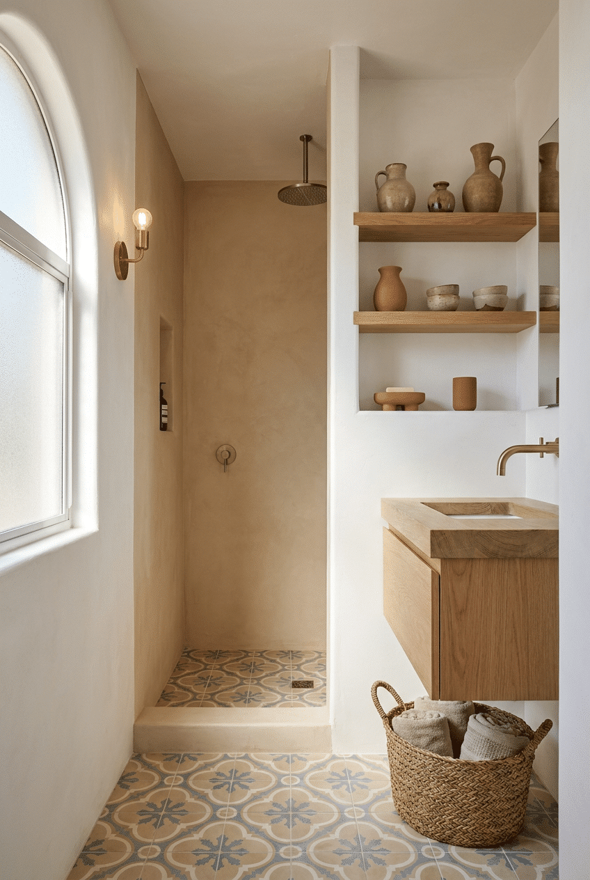9. Open Shelving with Earthy Ceramics
