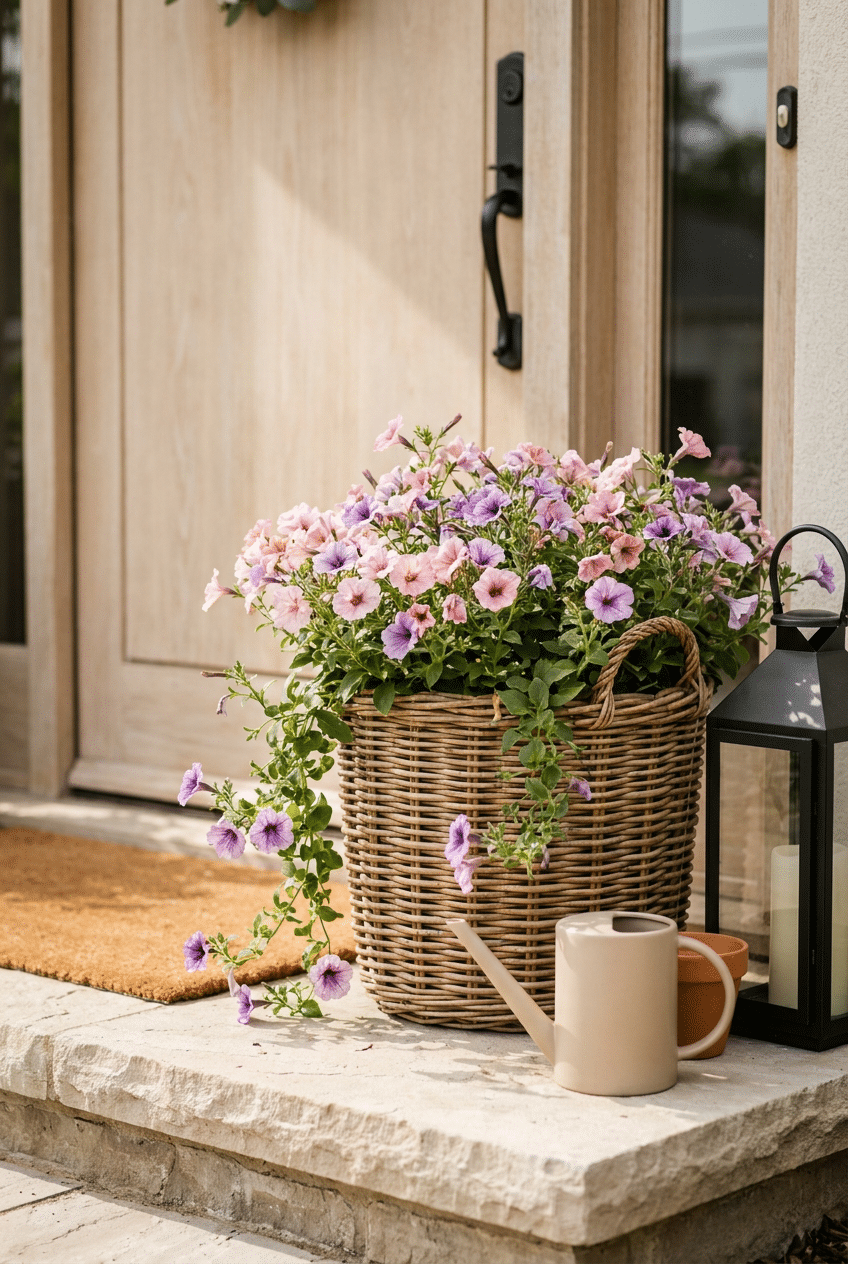 2. Cascading Petunias in a Wicker Basket Planter