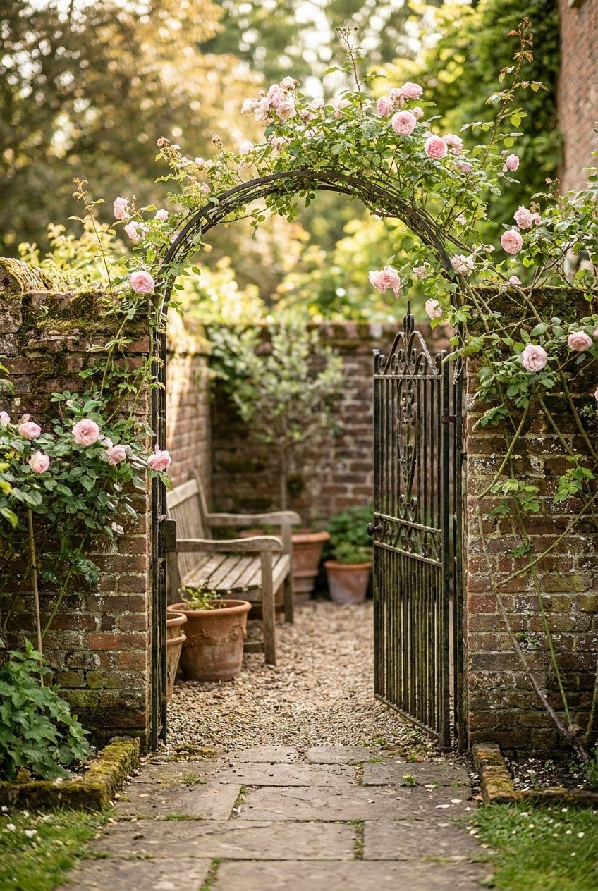 14. Ornate Iron Gate Climbing Rose Trellis