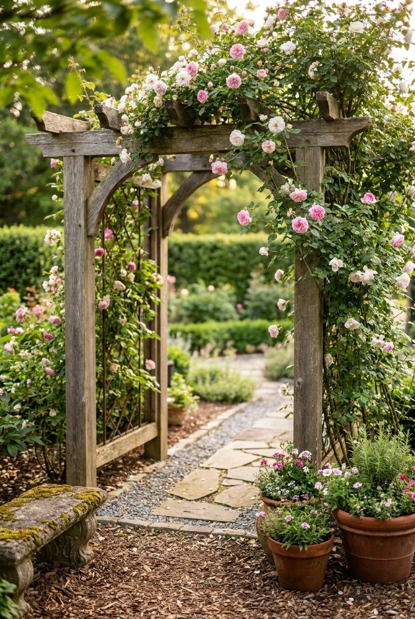 7. Cottage Garden Arbor Climbing Rose Trellis Idea