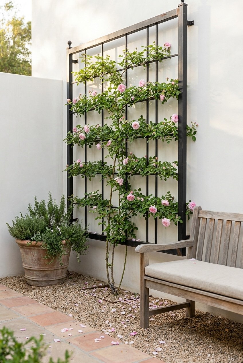 15. Espaliered Climbing Rose Trellis Idea