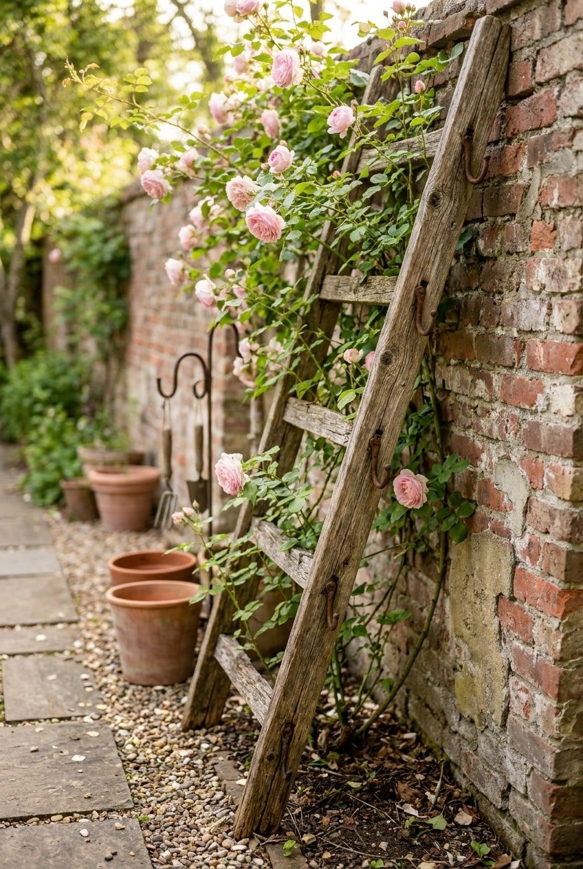 9. Reclaimed Wood Ladder Trellis for Climbing Roses