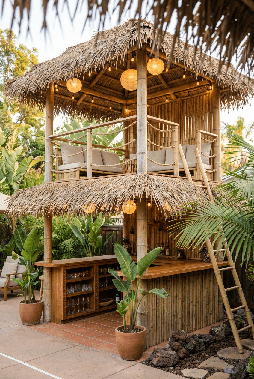 8. Build a Two-Story Tiki Bar Tower for the Ultimate Backyard Statement