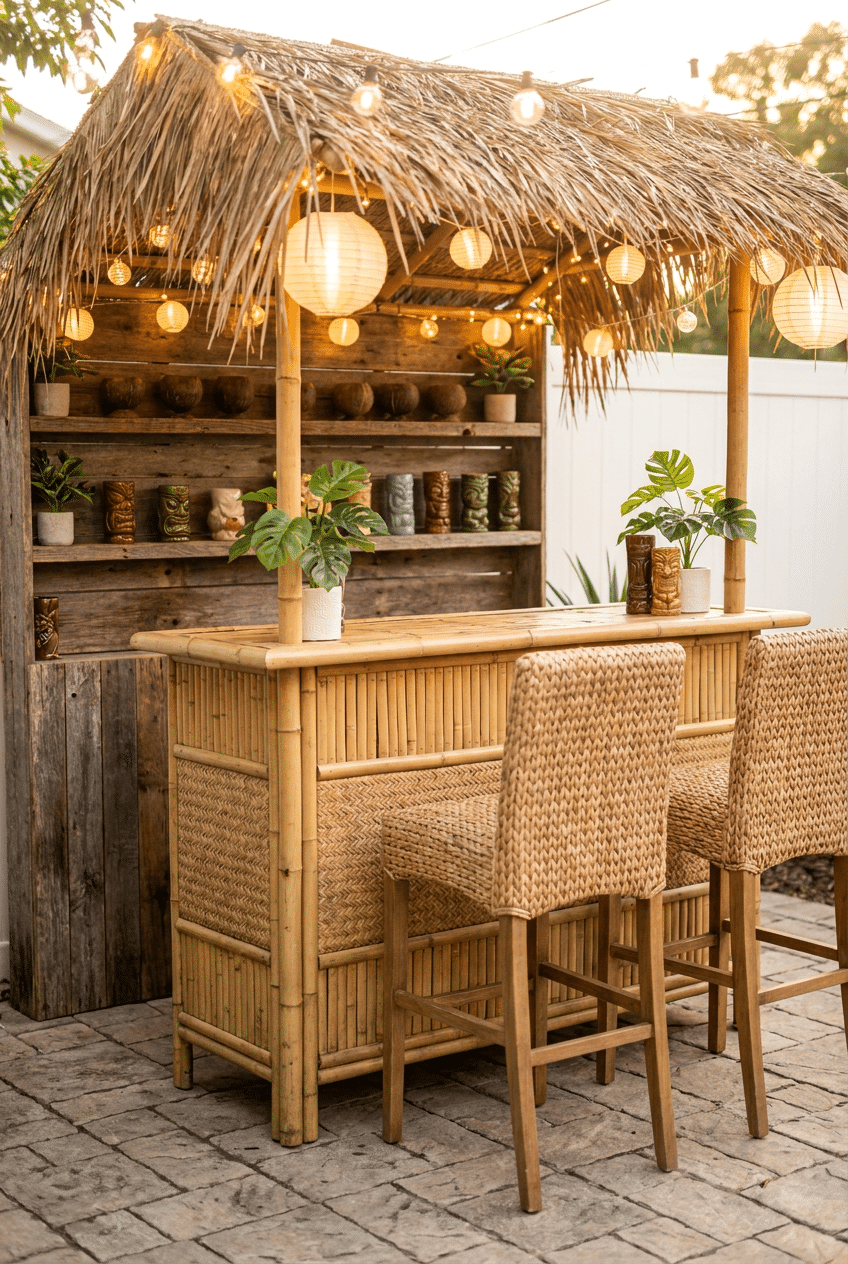 6. Design a Mini Tiki Bar With String Lights and Lanterns