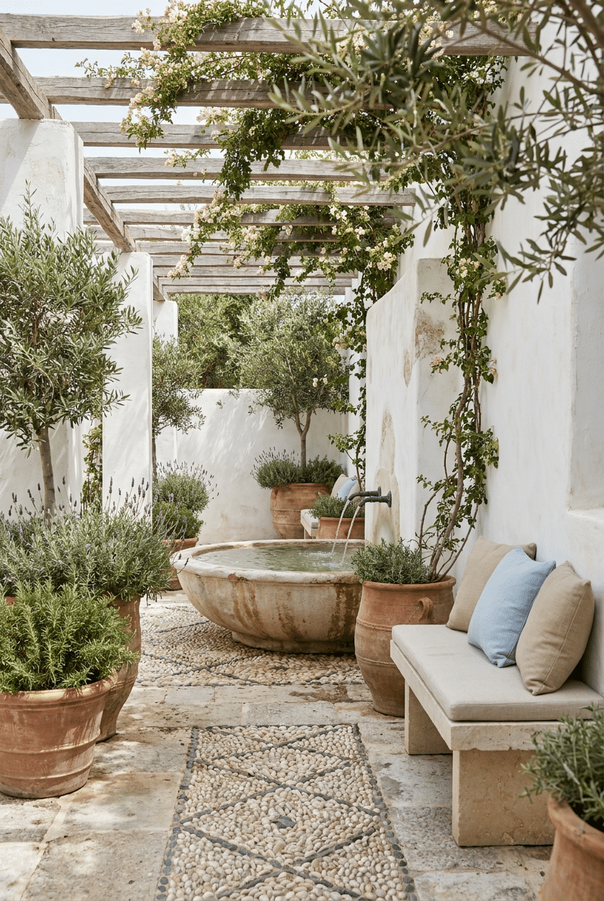 6. Greek Garden Style Ideas with a Water Feature
