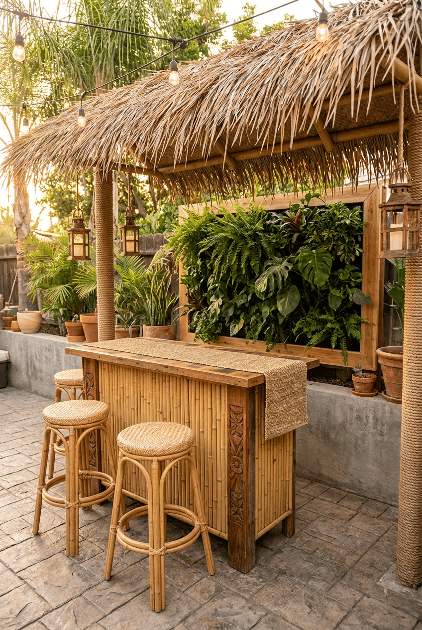 9. Create a Home DIY Tiki Bar With a Living Plant Wall