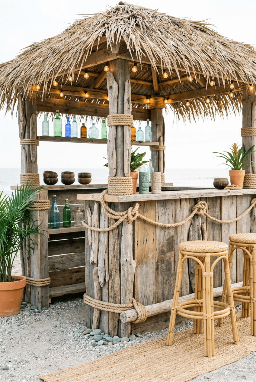 7. Craft a Beachy Tiki Bar Using Driftwood and Rope