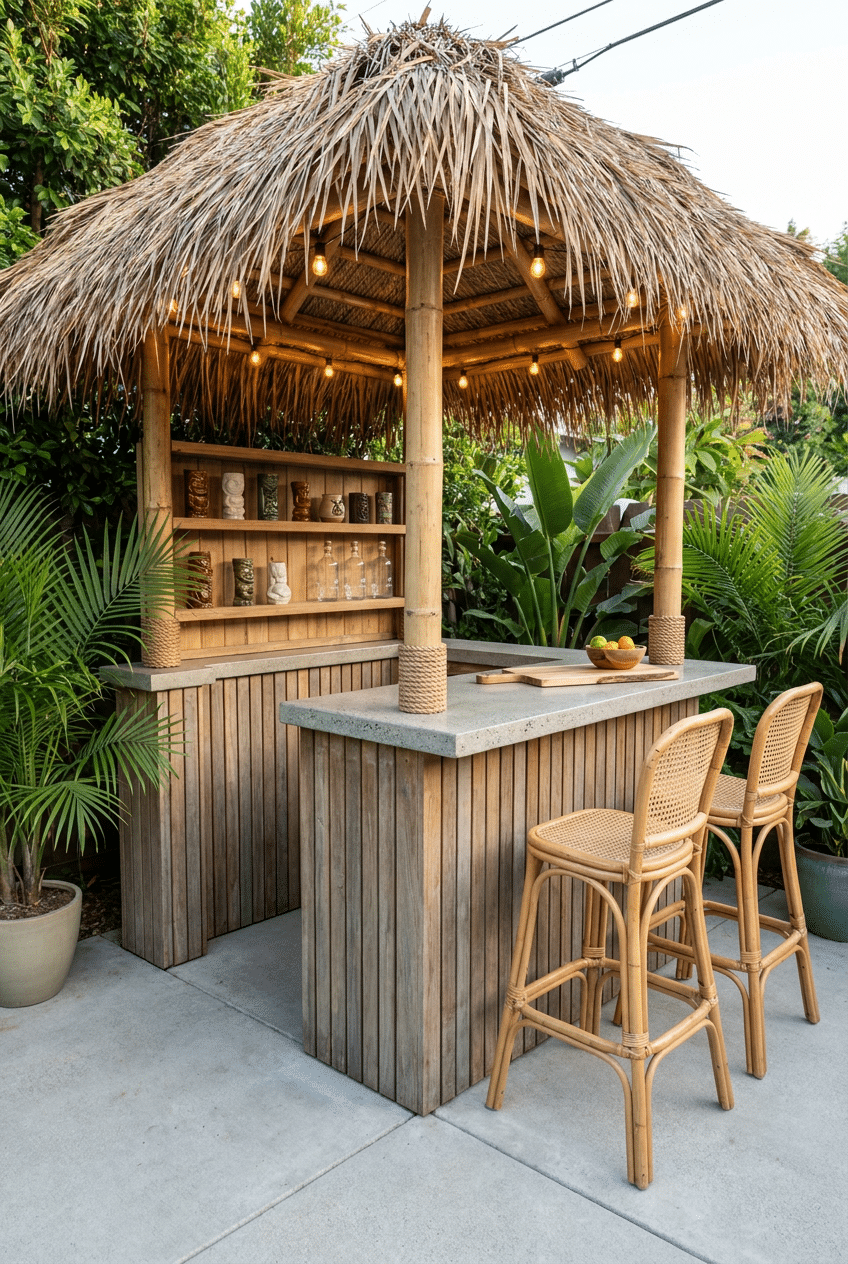 3. Create a Tropical Corner Bar With Thatch Roofing