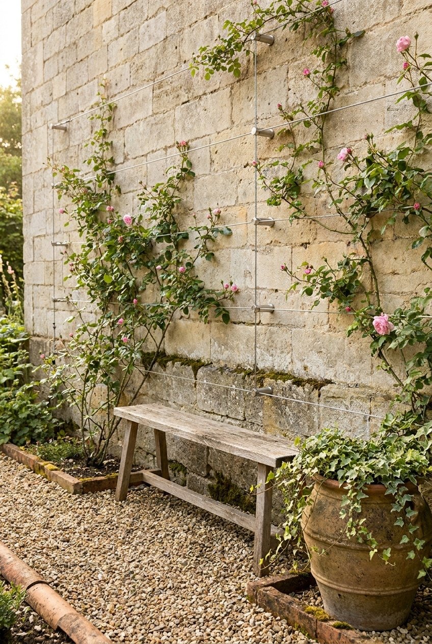12. Stone Wall Wire Climbing Rose Trellis