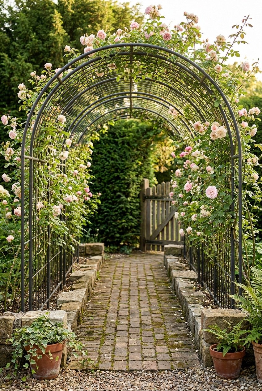 10. Tunnel Arch Climbing Rose Trellis Idea